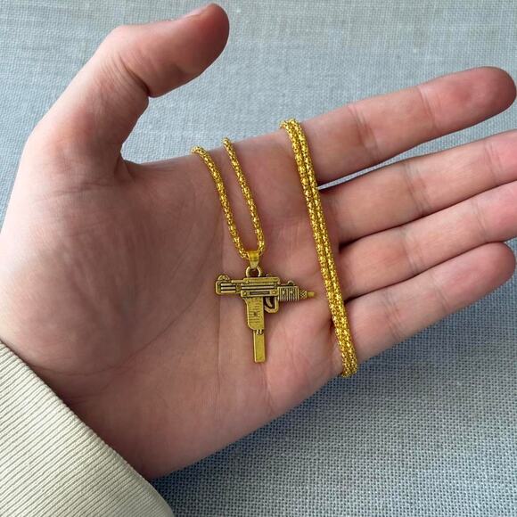 Y2k gold mini uzi necklace MENS - Picture 2 of 4